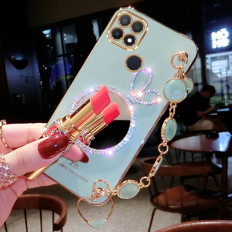 AnDyH Precise camera protection case For OPPO A15 A15S cases Bunny makeup mirror with gemstone bracelet