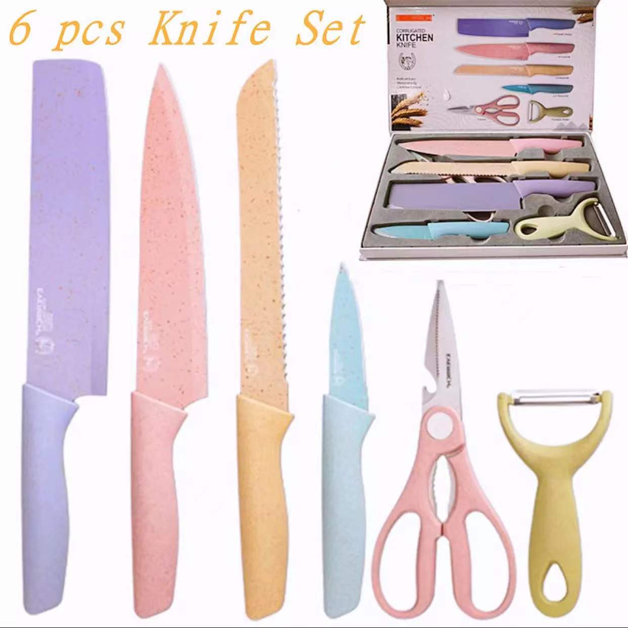 6pcs Kitchen Knife Set Corrugated Colorful Stainless Steel Chef Knife ...