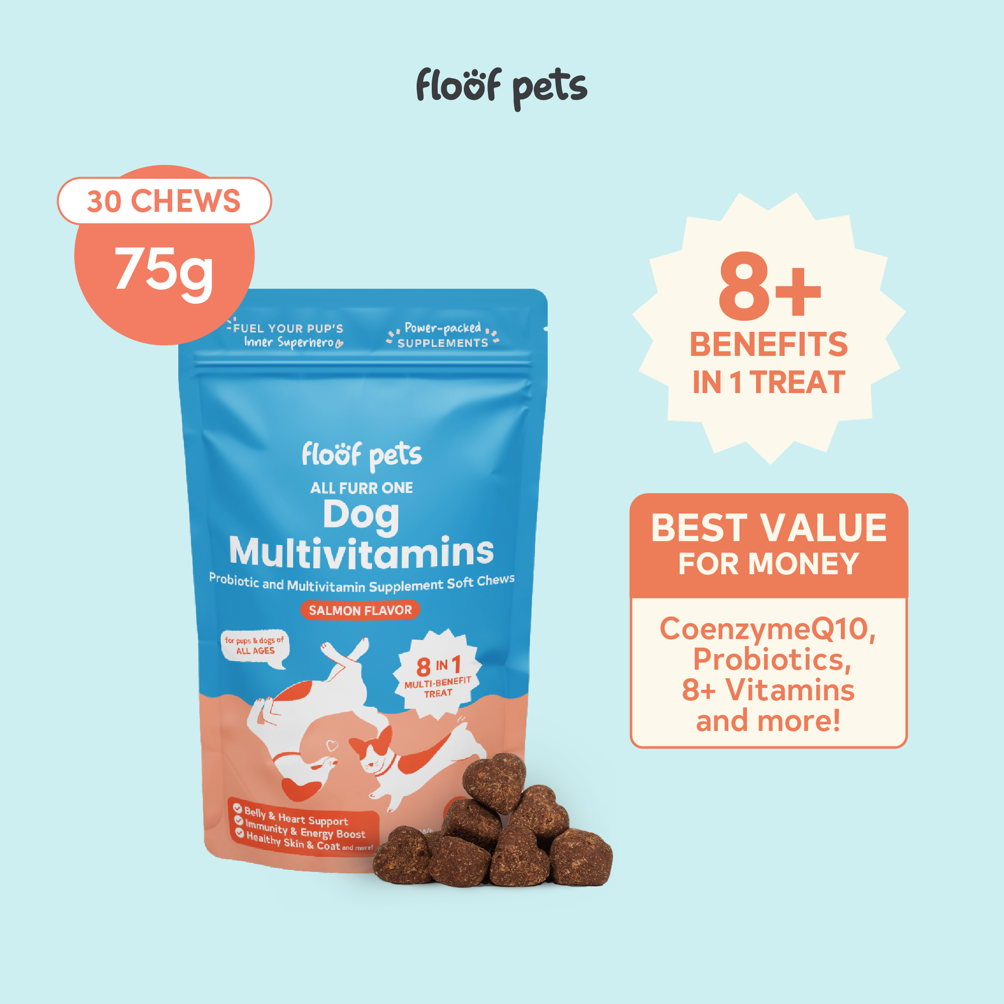 Floof Pets 8in1 Dog Multivitamins 75g 30 chews Dog probiotics Dog