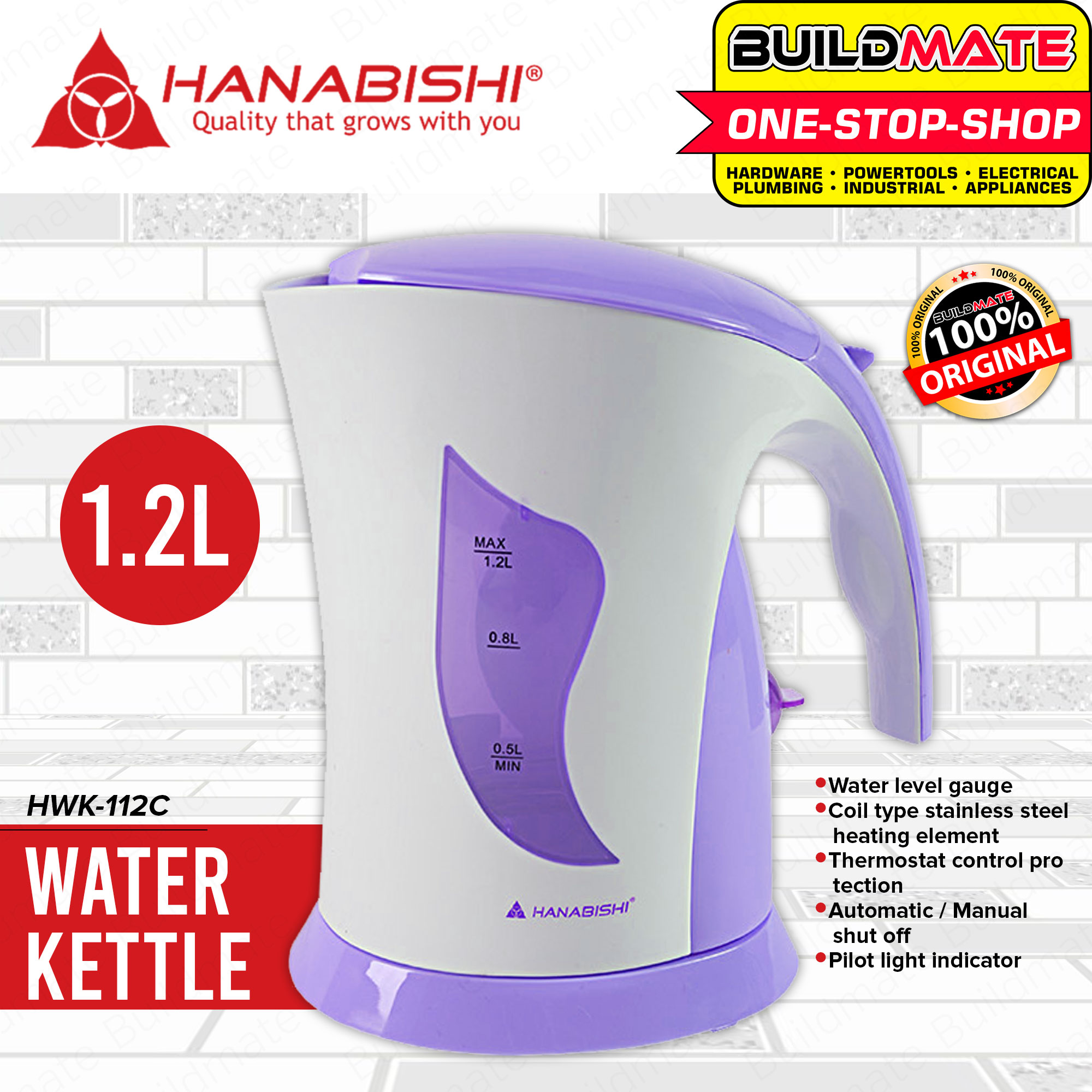 BUILDMATE Hanabishi Electric Water Kettle 1.2L [RANDOM COLOR] Water