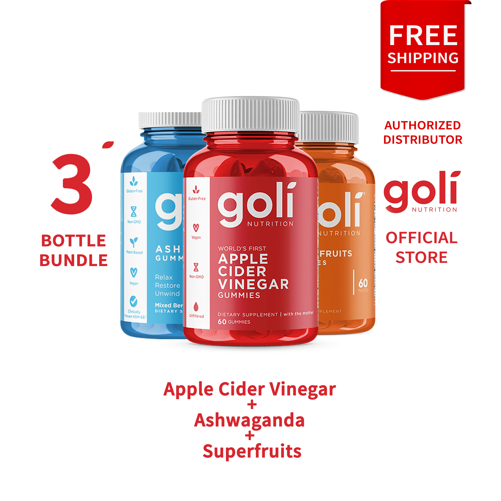 Goli Apple Cider Vinegar + SuperFruits + Ashwagandha Gummies (3 Bottles