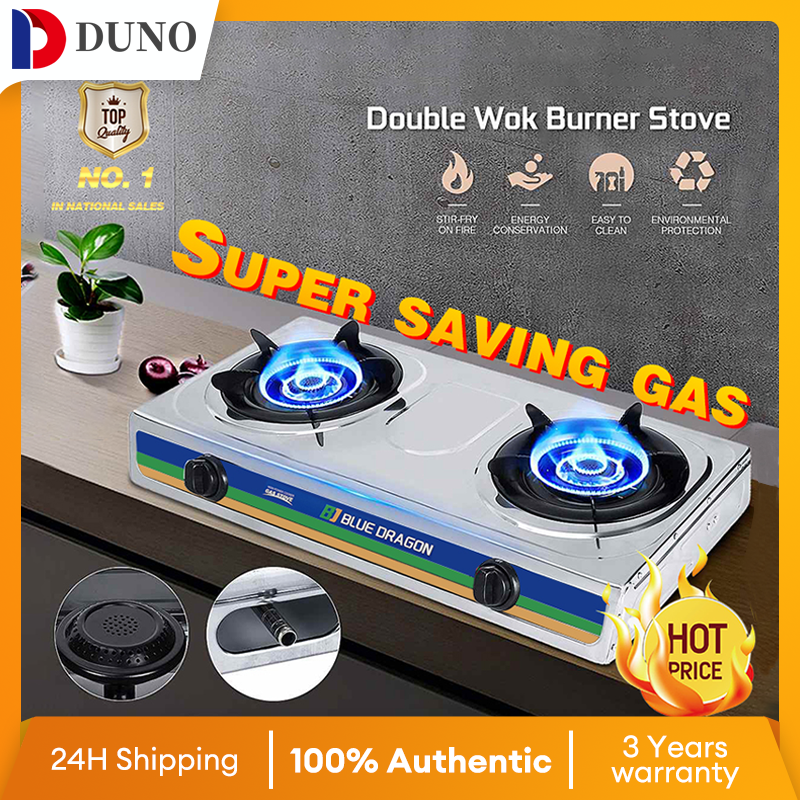 DUNO Heavy Duty Double Burner Gas Stove Stainless Steel Body Automatic Ignition Individual
