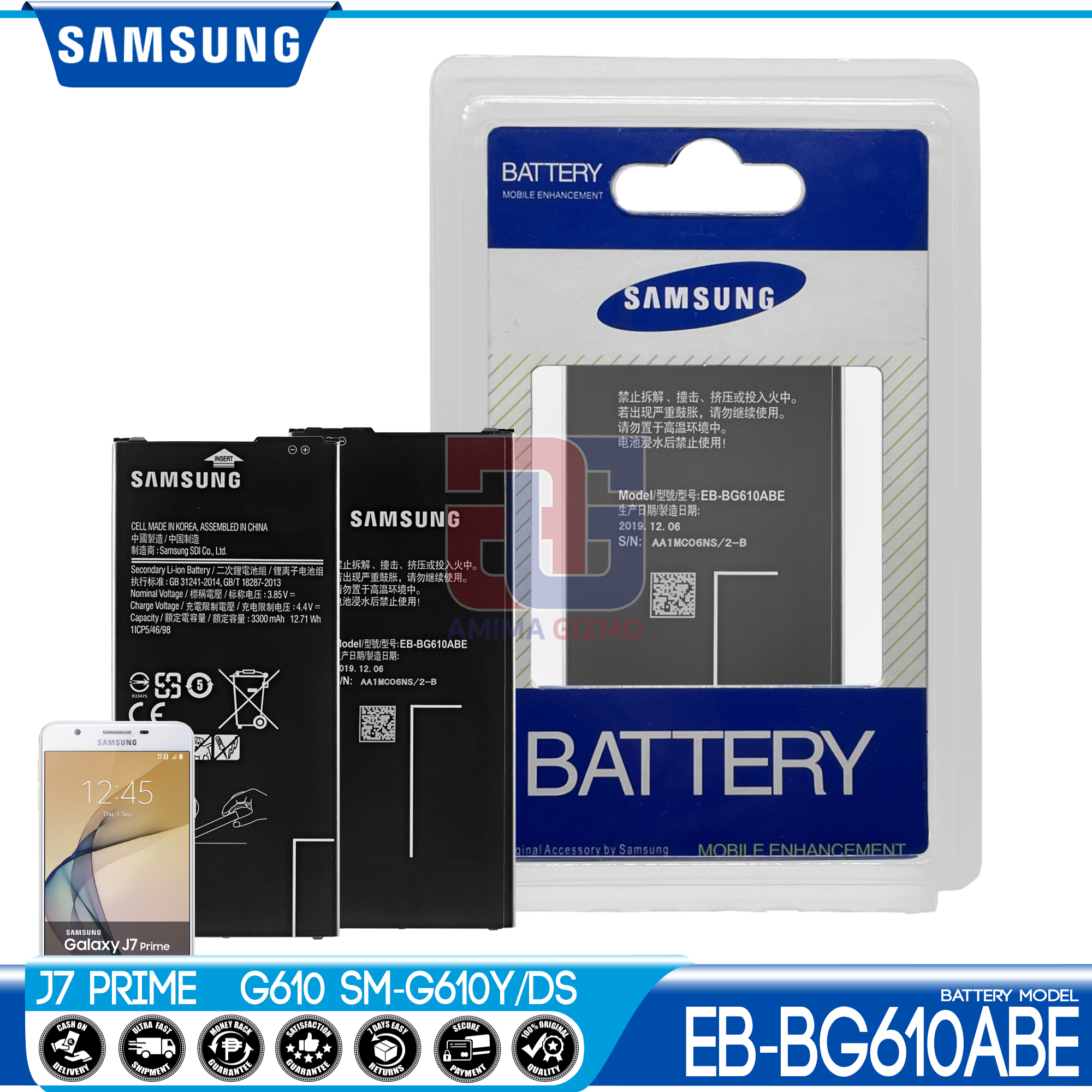 Samsung Galaxy J7 Prime Battery Original Quality and Capacity Model  EB-BG610ABE Fit for J7Prime G610 / J6 PLUS SM-J610FN/DS. AMIMA Gizmo  Removable Replacement Same Size as Authentic Smart Phone Batteries, Support  Fast