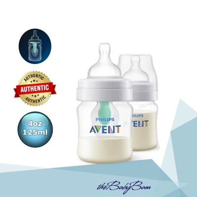 Philips Avent Anti-Colic with AirFree Vent Clear Baby Bottle 125ml / 4oz Twin Pack with 0m+ Newborn Flow Nipple ( 1 Hole )