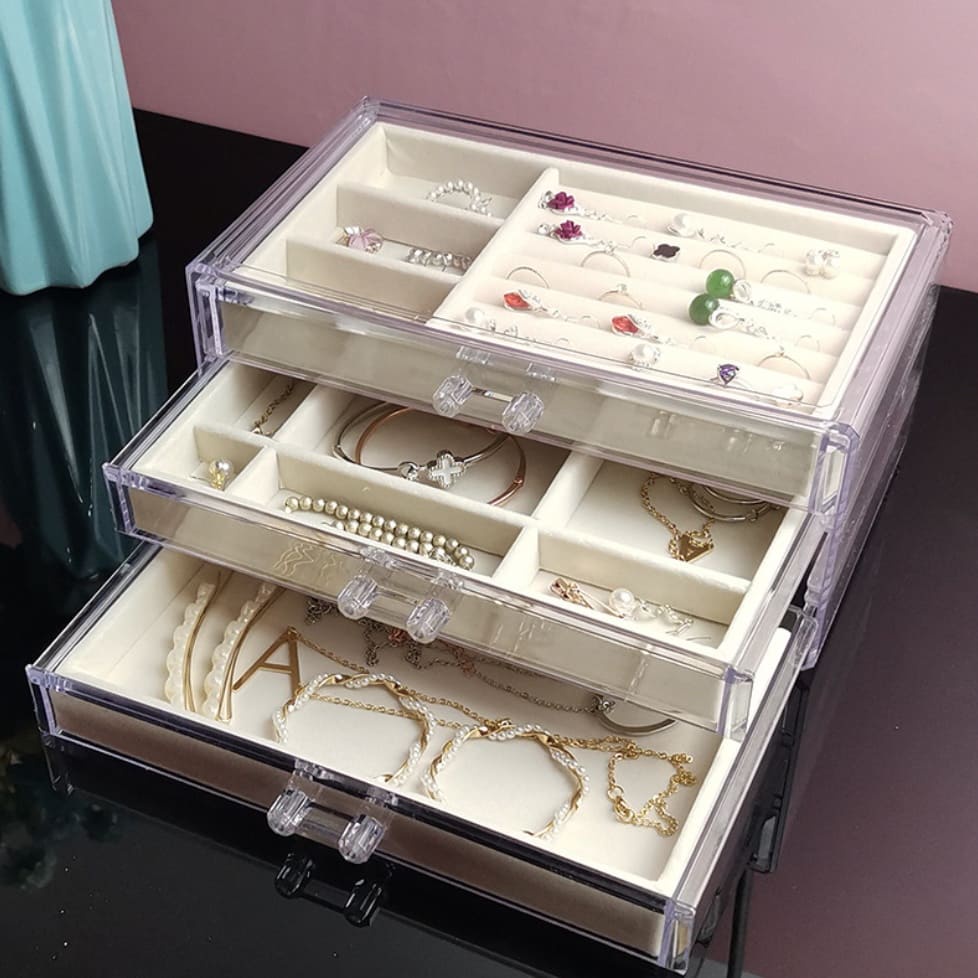 3 Layers Acrylic Jewelry Box Drawer Velvet Tray Jewelry Storage Box
