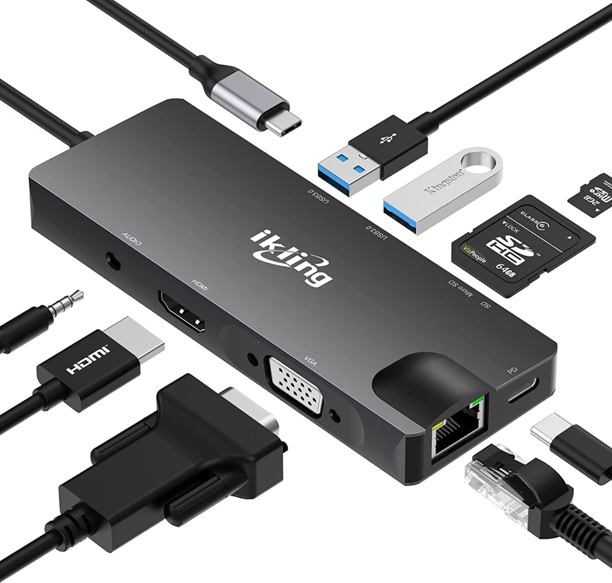 Ikling USB C Hub, 9in1 USB C Adapter with 4K USB C to HDMI, VGA