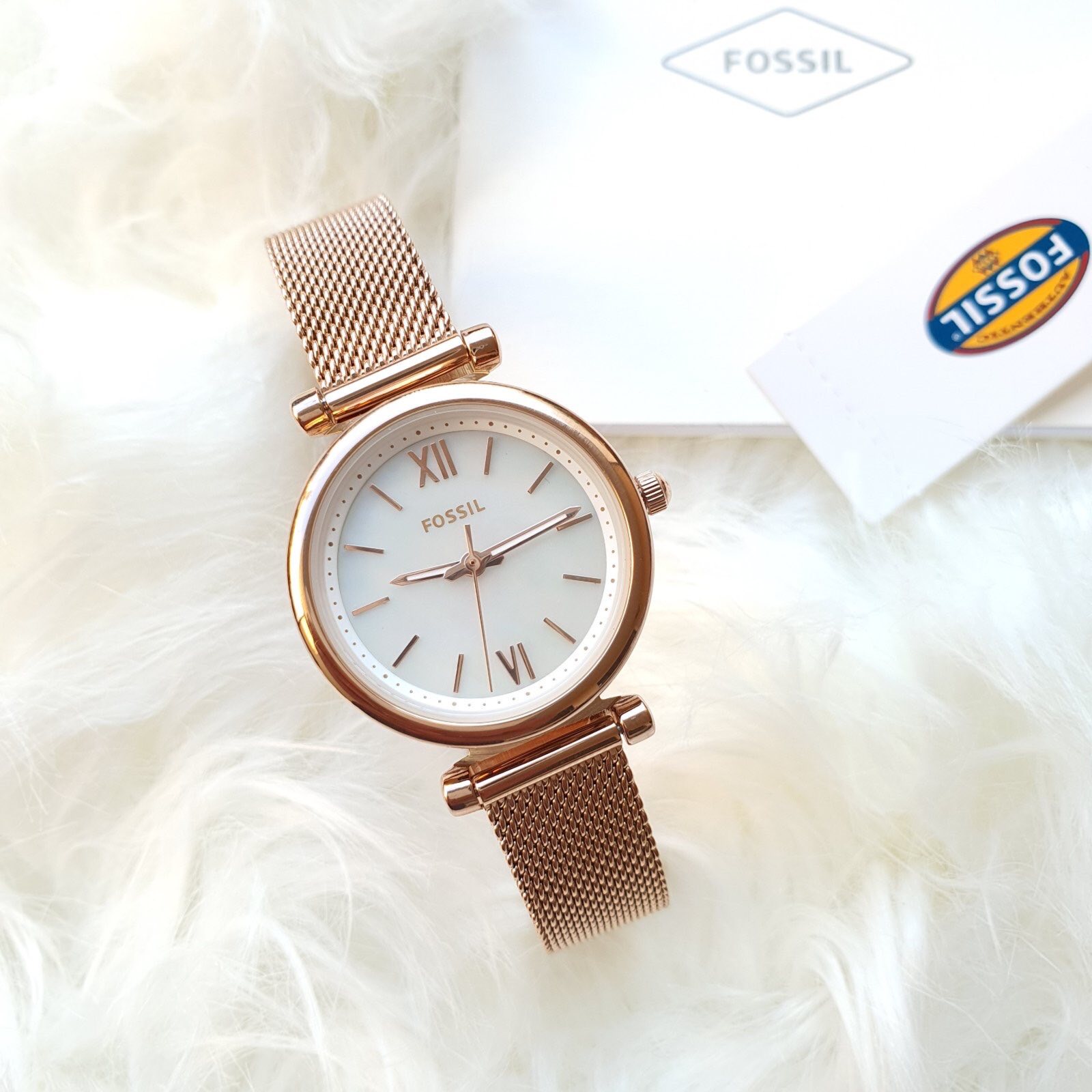 Fossil ES4433 Carlie Mini Three-Hand White Dial Fixed Bezel Rose Gold ...