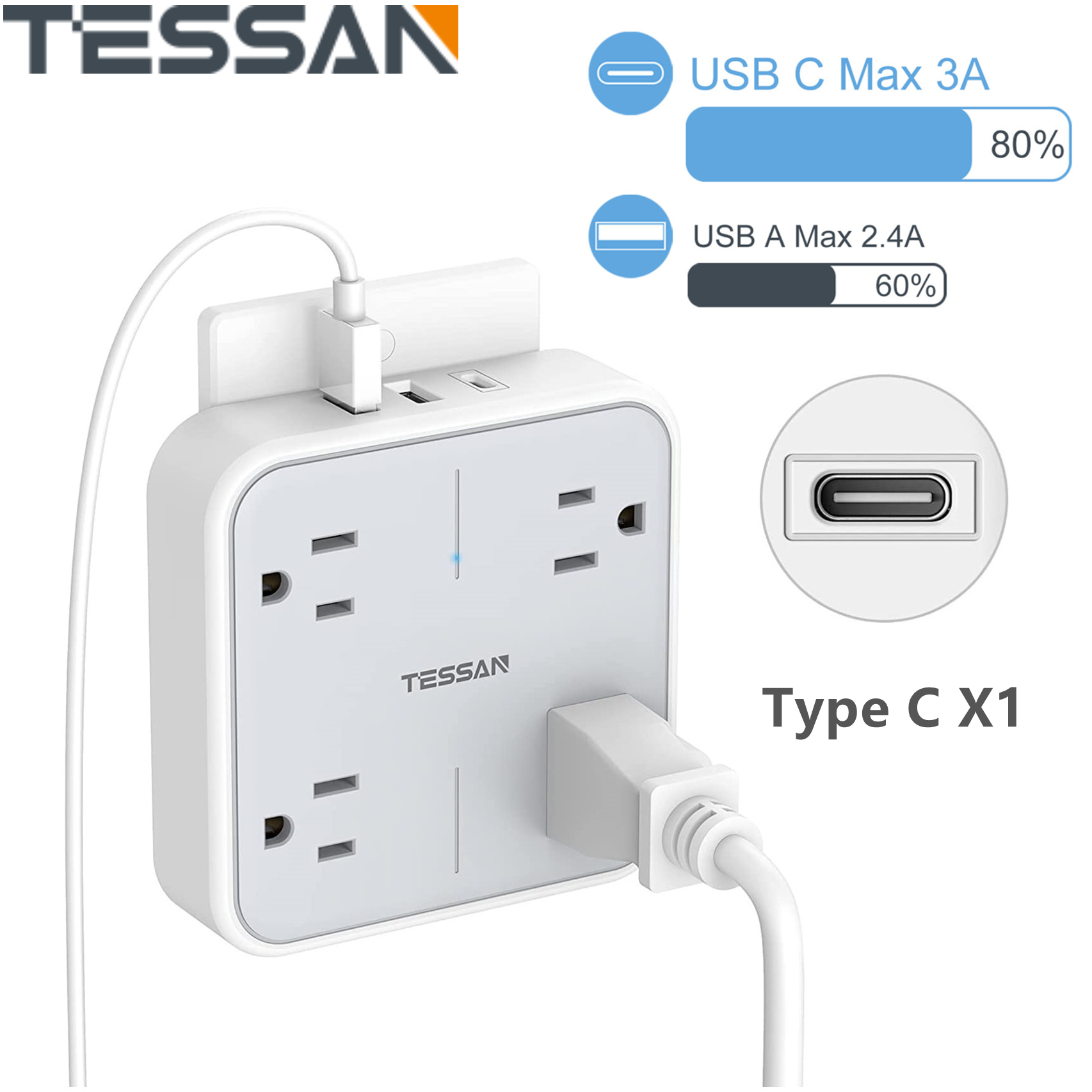 TESSAN USB C Wall Plug Type C Adapter, 4 Outlet Splitter with 3 USB