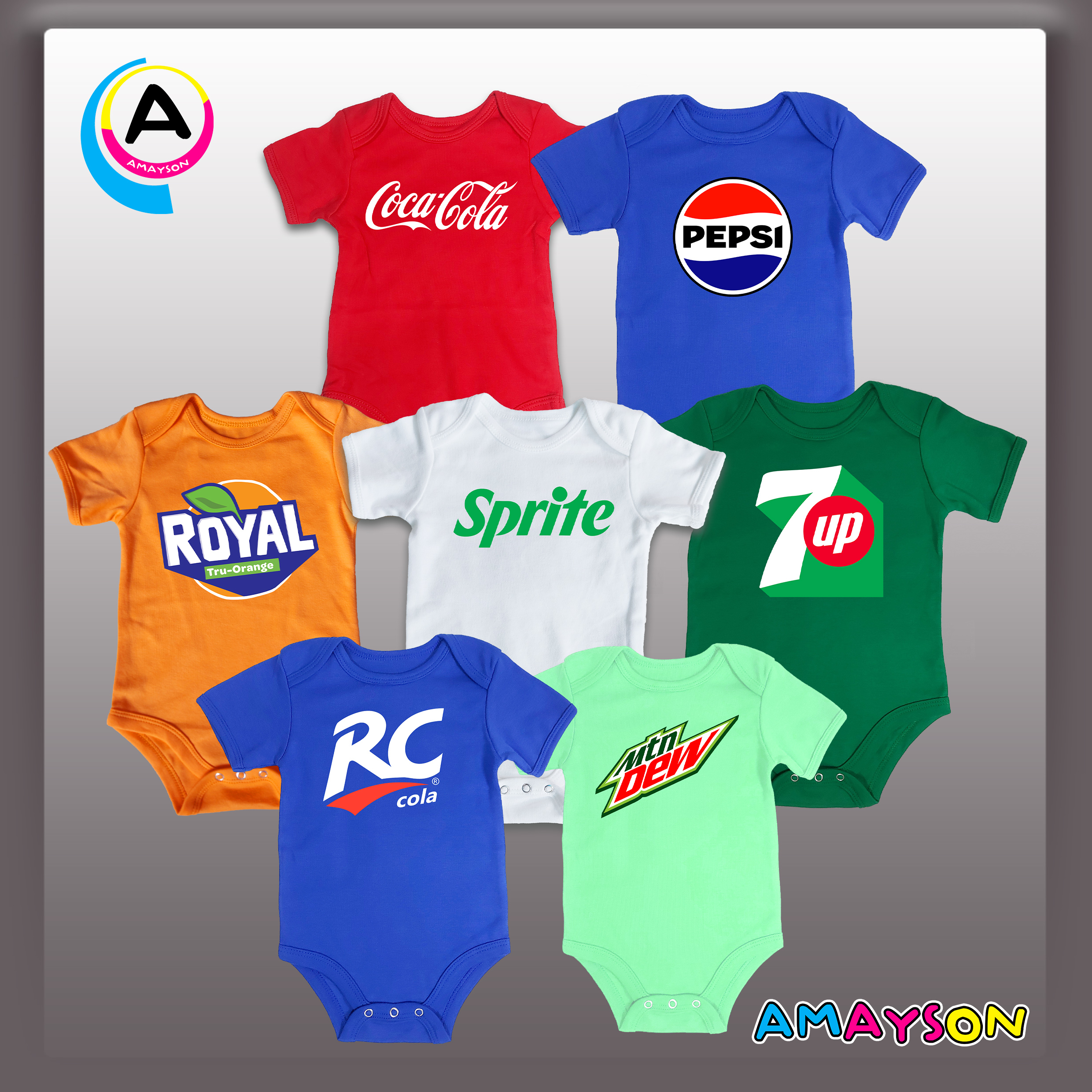 Amayson Soft Drinks theme baby onesie (Cocacola coke 7UP RC Cola