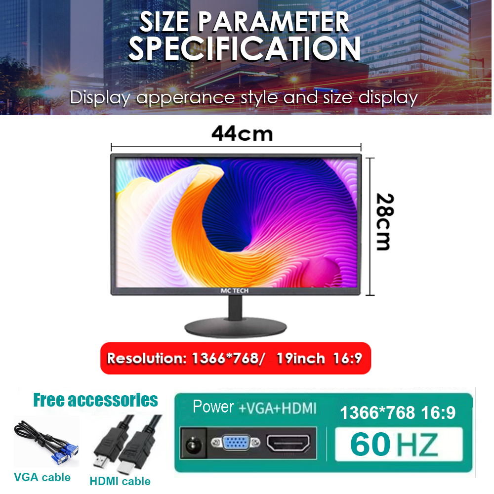 19 inch MCTECH Computer monitor CCTV Monitor For PC For CCTV 60HZ 1366*
