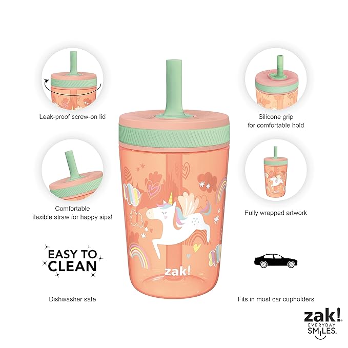 Zak Designs Kelso Toddler Cups For Travel or At Home, 15oz 2-Pack Durable  Plastic Sippy Cups With Leak-Proof Design is Perfect For Kids (Fanciful