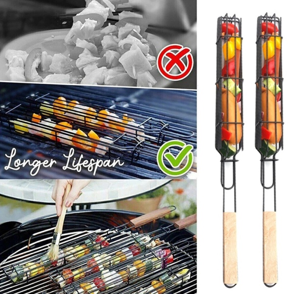 2Pcs Portable Kabob BBQ Grilling Basket Grill Basket Tools Camping Non-Slip Barbecue Grill Mesh Kitchen Tool Accessories