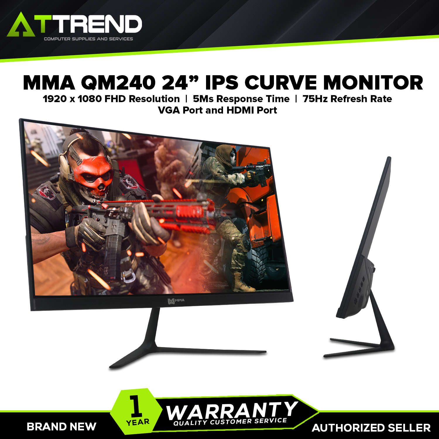 MMA QM240 24" IPS Curve Monitor 1920x1080 FHD, 5ms Response Time, VGA