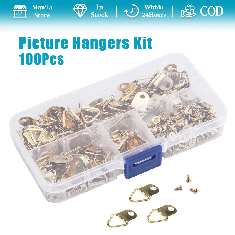 100pcs Gold Triangle D-Ring Picture Hangers with Screws Picture Oil  Painting Mirror Photo Frame Hook Hanger