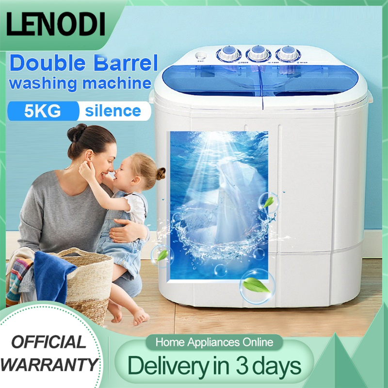 LENODI Twin Tub semi-automatic with dry washing machine 5KG large capacity  light mini washing machine automatic sharp front load portable washing