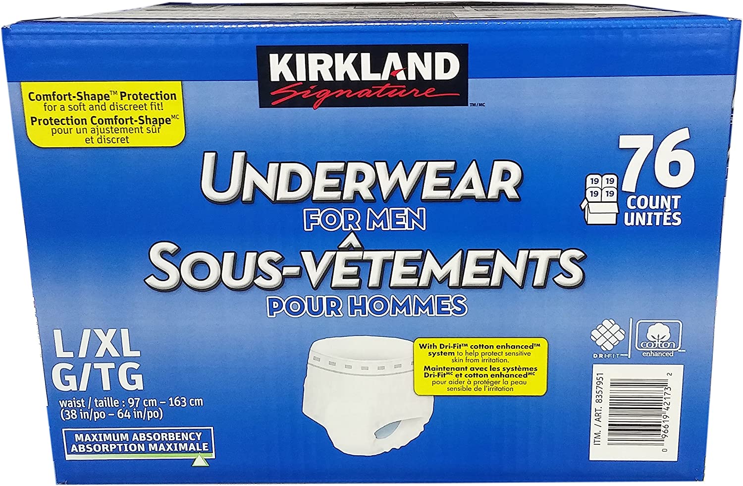 Kirkland Signature protective underwear for Men, Large/XL 76 count
