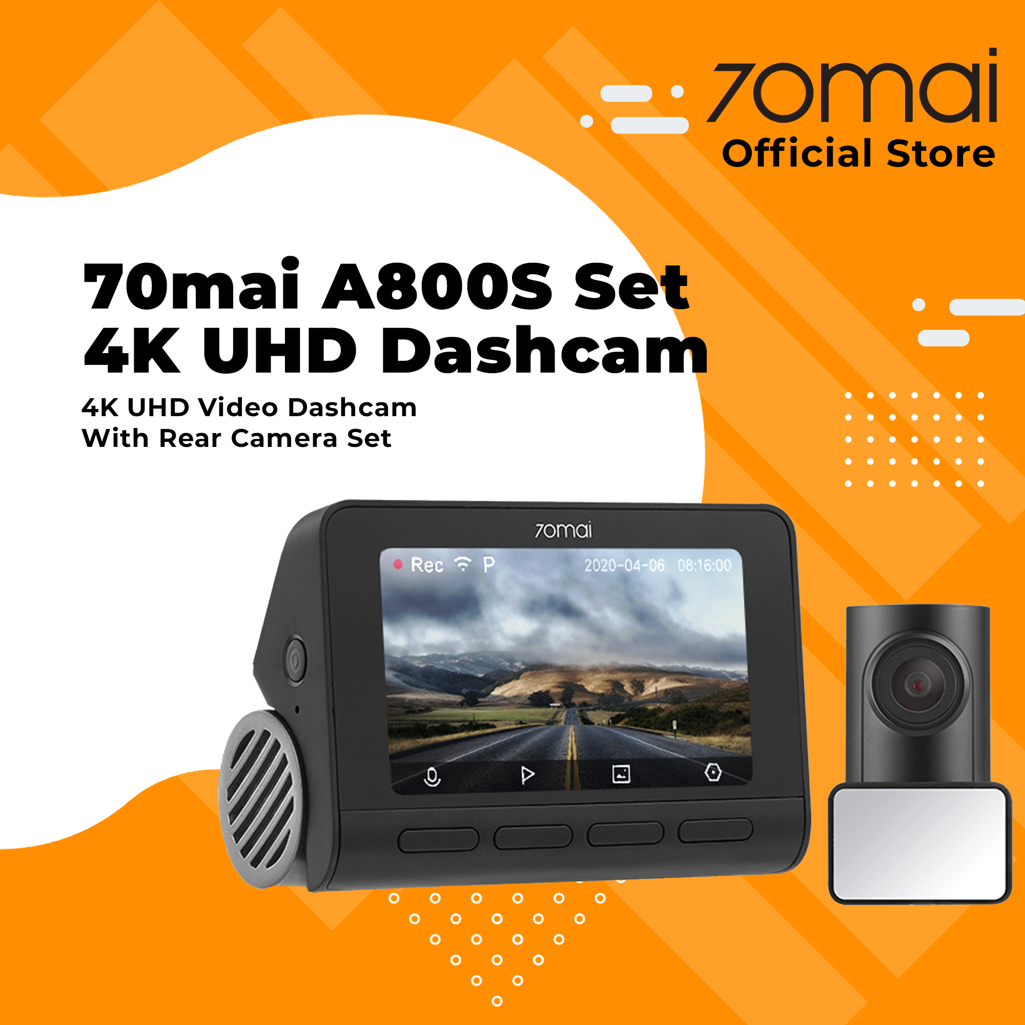 70mai Dash Cam 4K A800S Dual Sight 70mai A800S GPS ADAS Front and Rear Car  DVR 2160P 4K 24H Parking 140FOV Built In GPS - International Version
