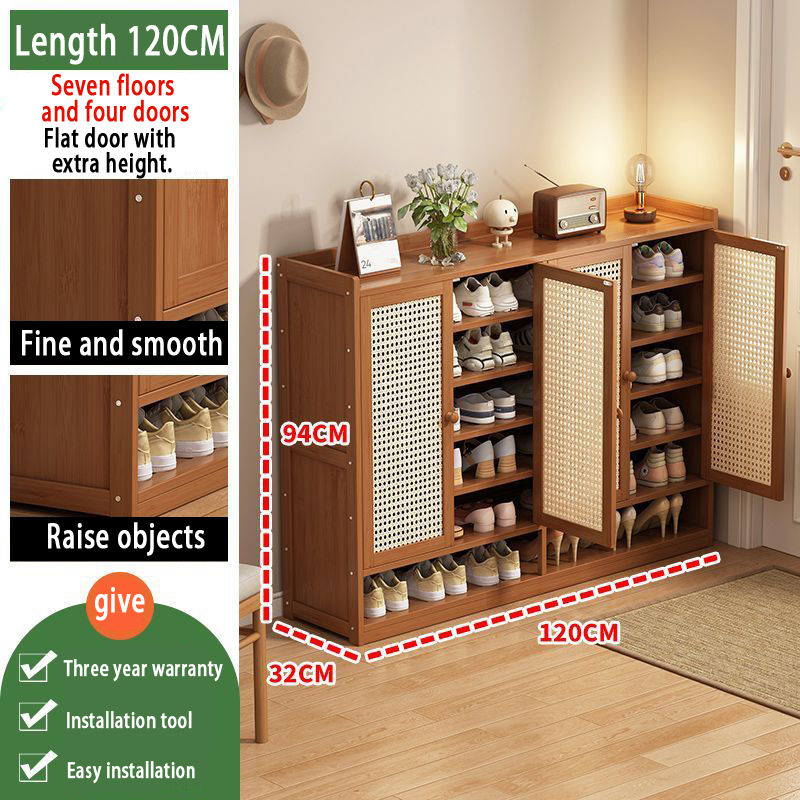 Wooden rattan shoe with multifunctional storage shoe rack