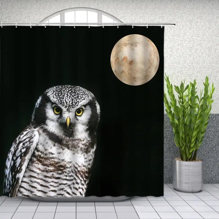 Owl Shower Curtains Gray Bird Full Moon, Owl Shower Curtain