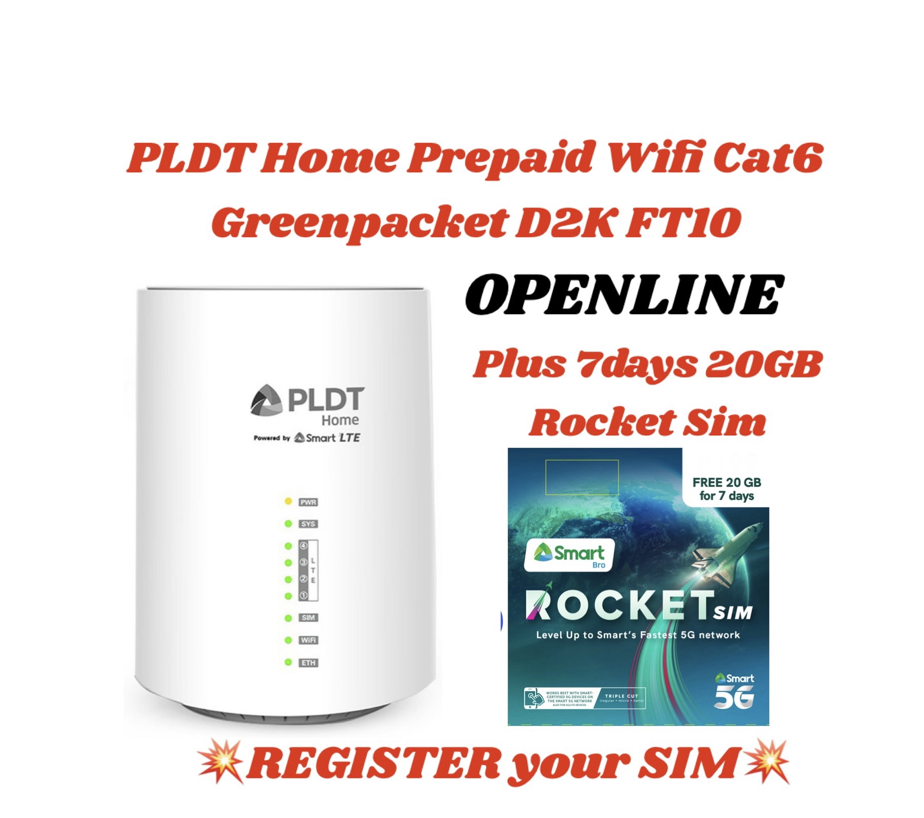 PLDT CAT 6 GREENPACKET D2K FT10 / OPENLINE with Free 10GB Smart Sim