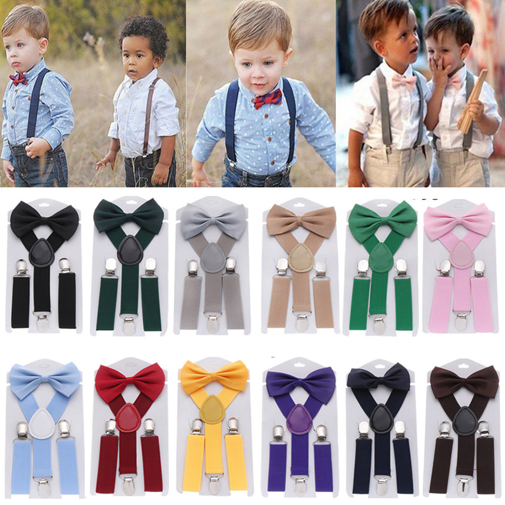 C169CKNRL 1set New Fashion Gifts Children Wedding Dress Hair Bow Set Baby Solid Color Kids Suspenders Printed Bow Tie Elastic Braces Cow Tie Belts