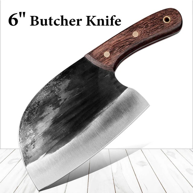 Meat Cleaver Knife Heavy Duty, 6 inch Full Tang Sharp Serbian Chef Knife, High Carbon Steel Cutting Knife with Leather Sheath for Kitchen Camping BBQ