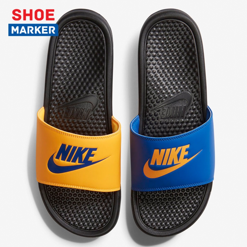 blue and yellow nike slides