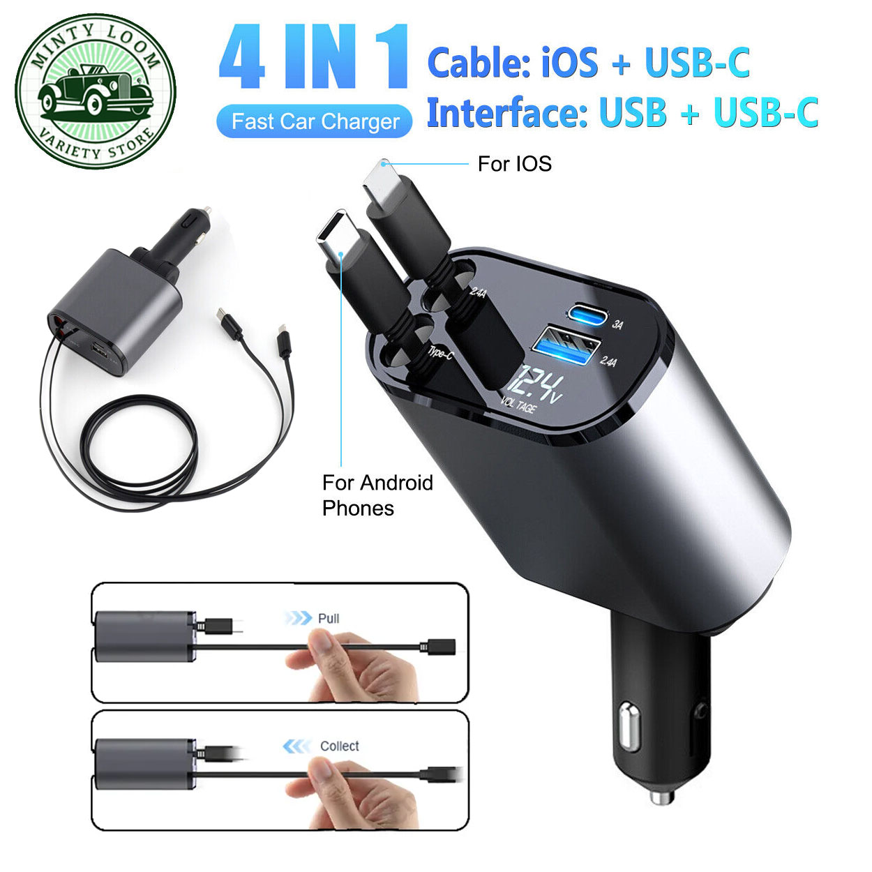 in USB Car Fast Charger with Retractable Cable Type C IOS Car Charger  Adapter Super Fast Charge Power Outlet Digital Display
