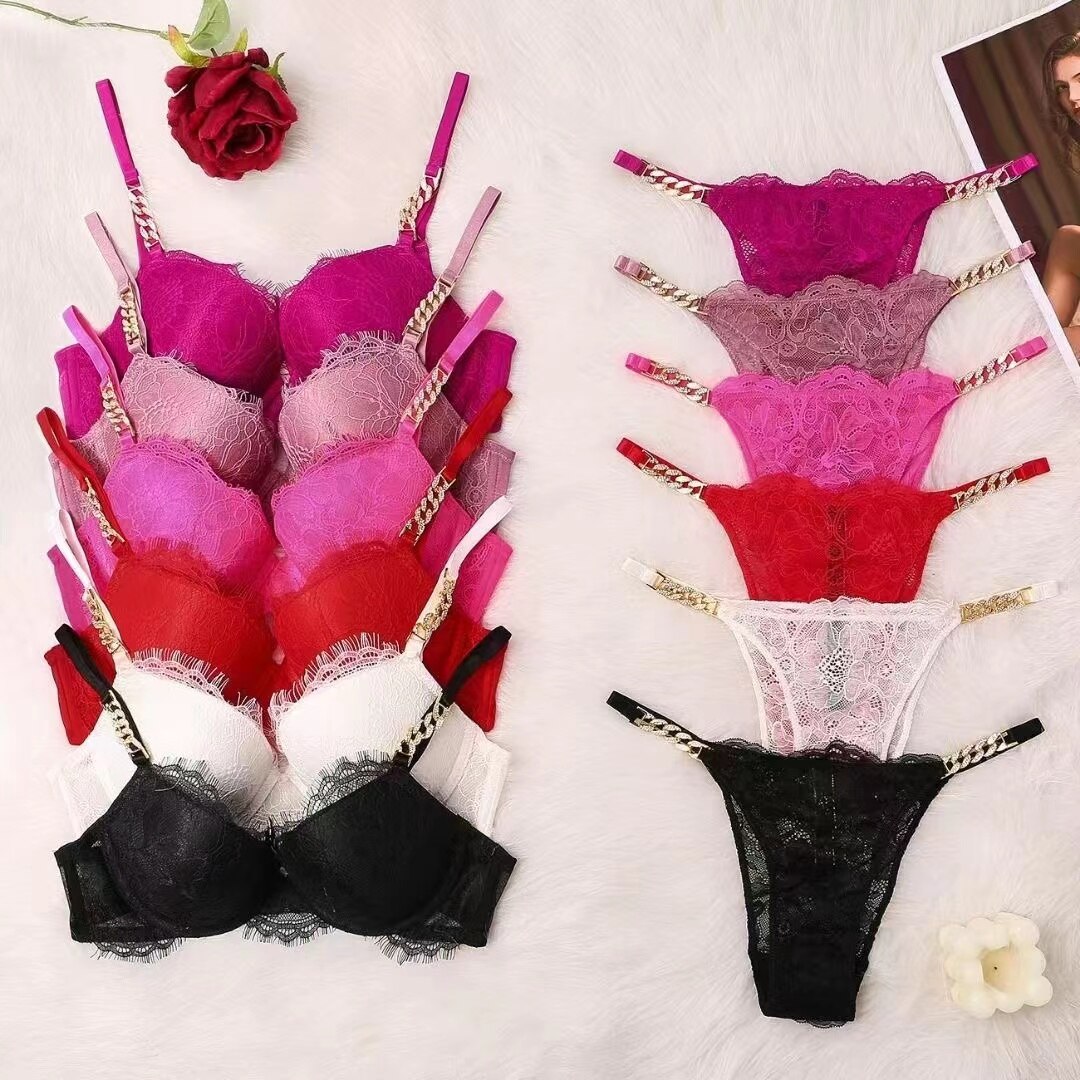 Bras Sets Sexy VS rhinestone letters underwear women's suit gather girls  comfortable bra set rhinestone lingerie pink Q0705