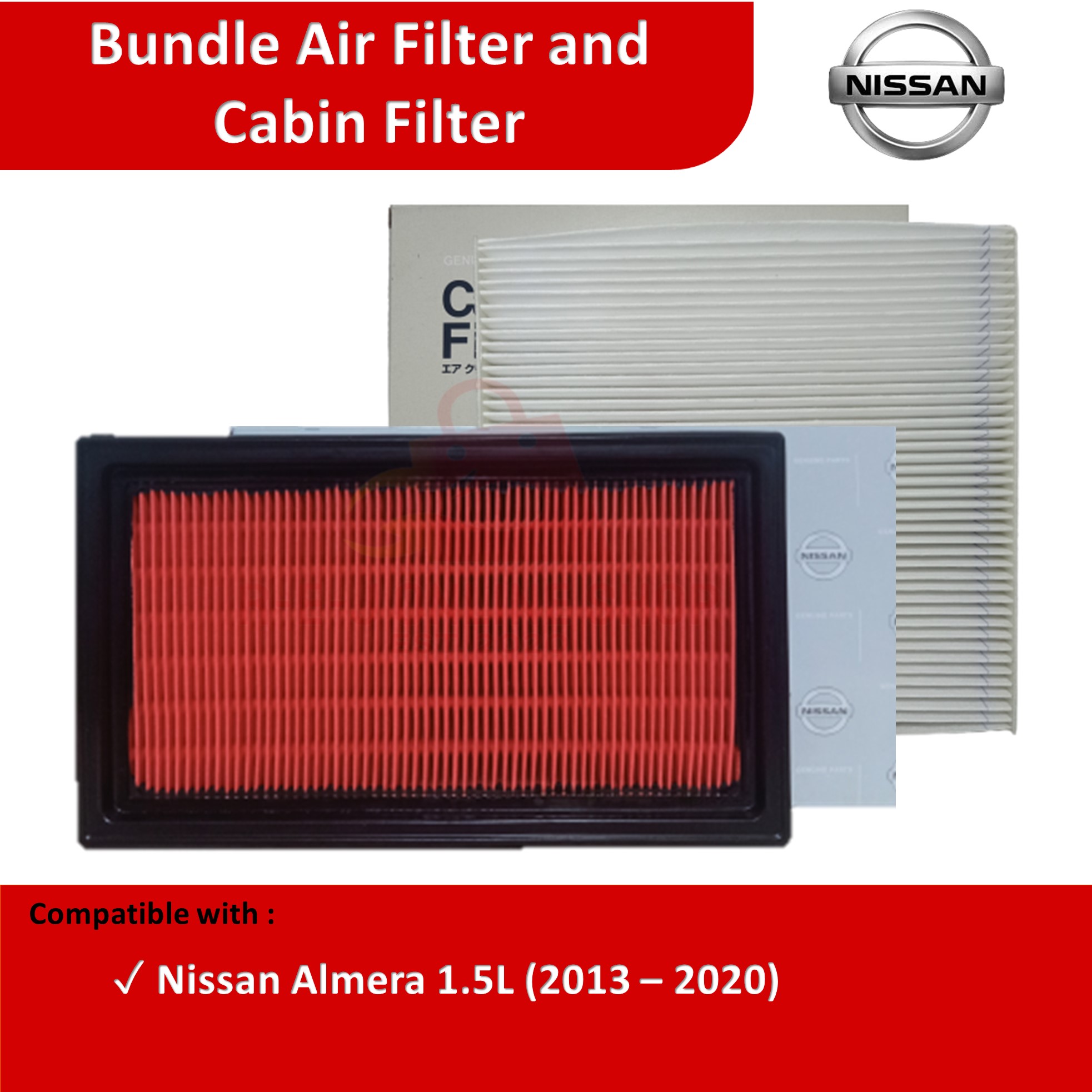 BUNDLE Air Filter and Cabin Filter for Nissan Almera 1.5 (2013 2020), Combo Filter, PMS Filter