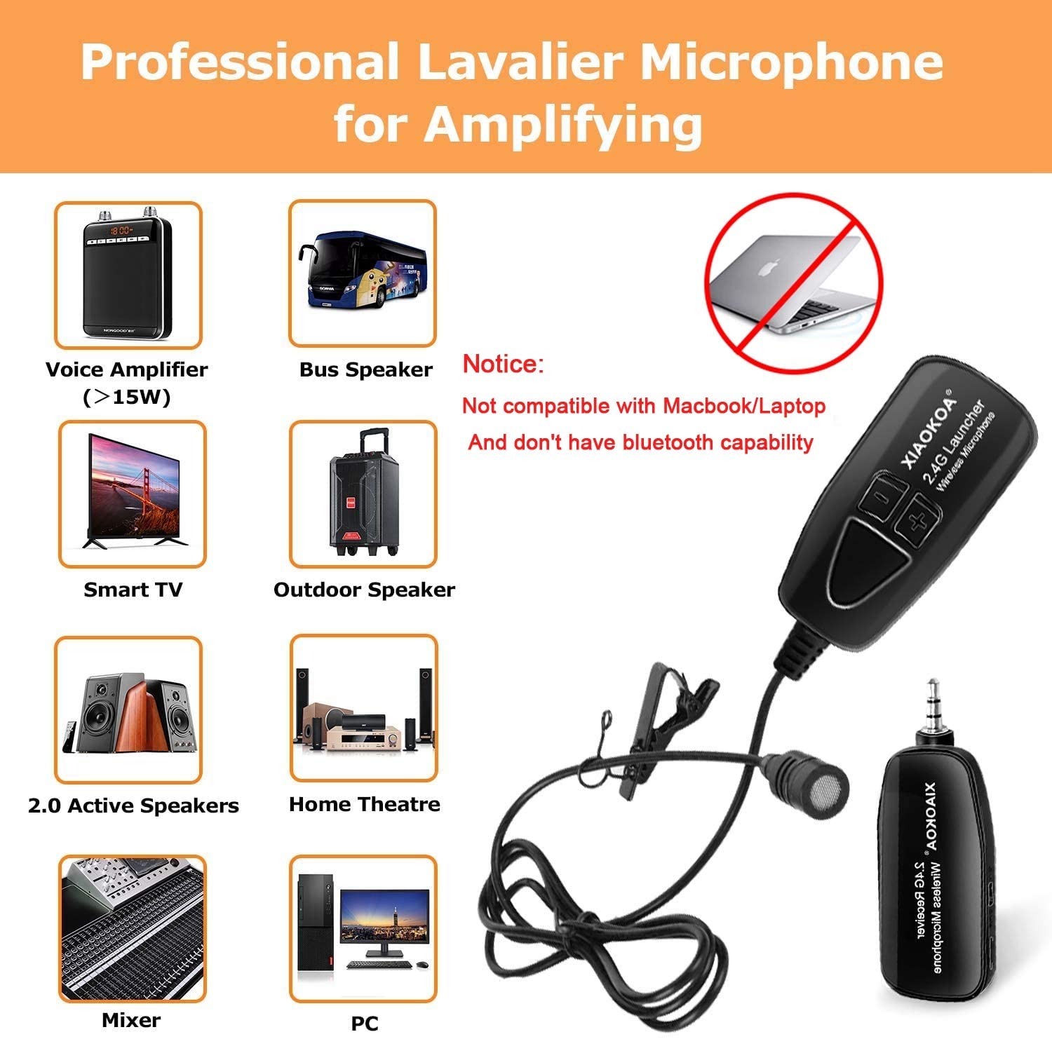 XIAOKOA Wireless Lavalier Microphone 2.4G Wireless Microphone System with Lavalier Lapel Mics Transmitter&Receiver for Conference  Speaker, Teaching, Tour Guiding, Stage Performance
