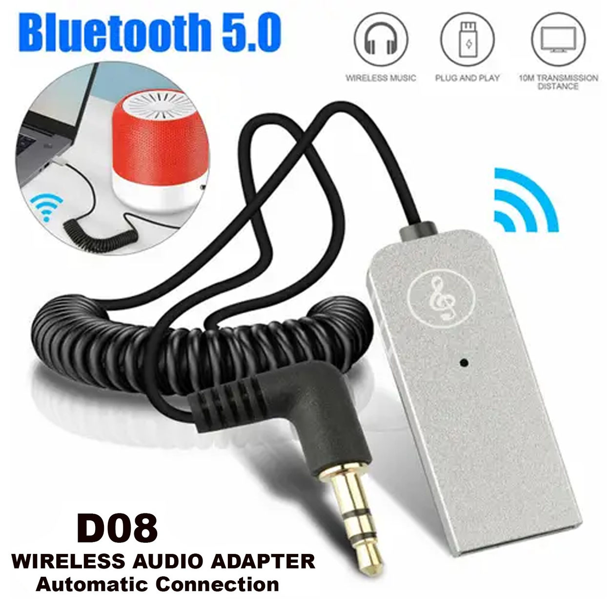 sunshot Bluetooth 5.0 Car Receiver, USB DAC Aux to Bluetooth Adapter with  Built-in Microphone for Hands-Free Calls and Auto On Function, Compatible