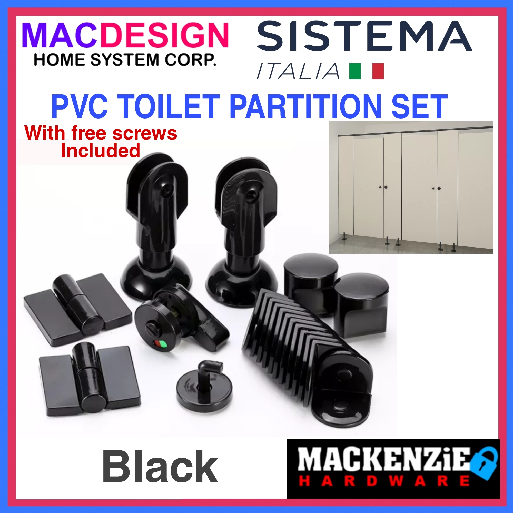 SISTEMA ITALY PVC TOILET PARTITION SET BLACK ABS COMPLETE SET FOR ONE