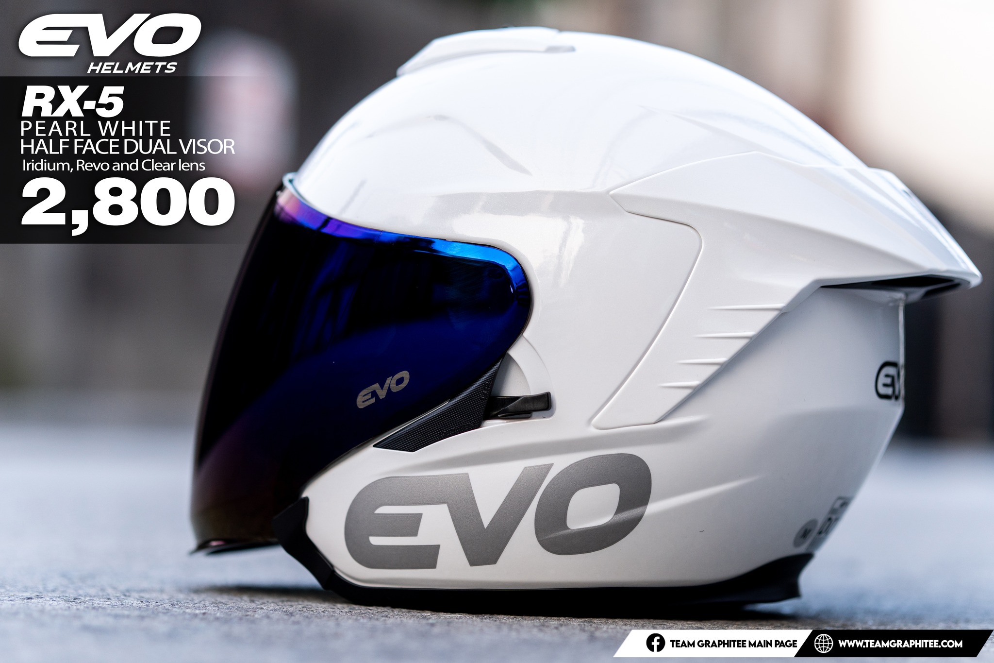 EVO RX-5 PEARL WHITE (BLUE IRIDIUM LENS) HALF FACE DUAL VISOR HELMET ...