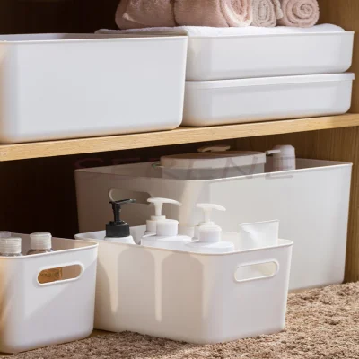 Storage Basket With Handle Japanese-Style White Shelf Organizer Plastic Container Box Closet (SHIMOYAMA)