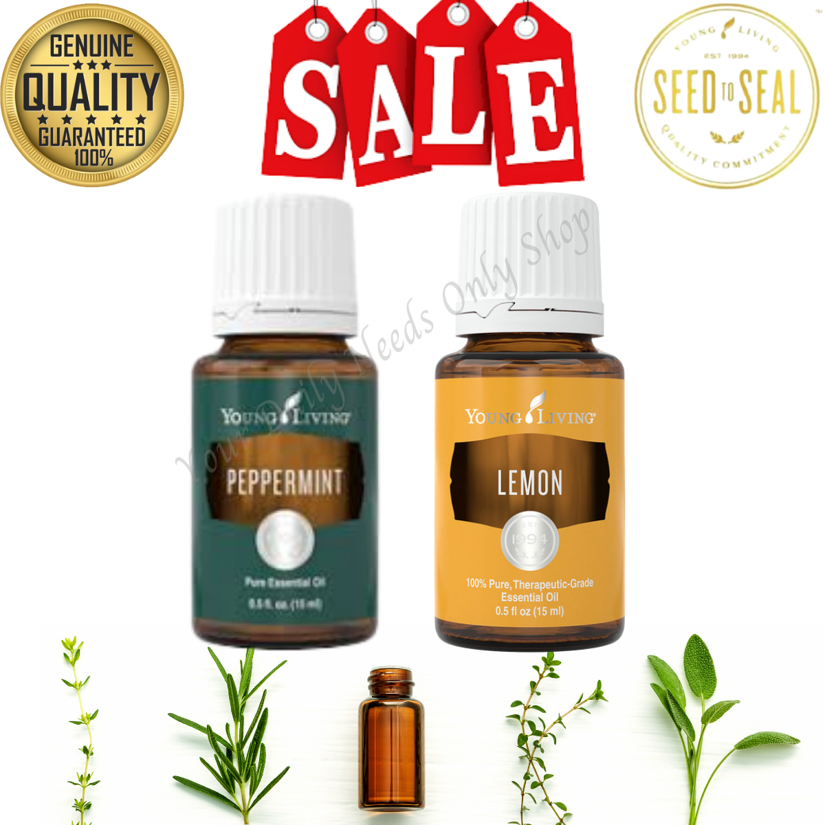 Young Living 5ml OR 15ml Peppermint and Lemon Essential Oils COMBO