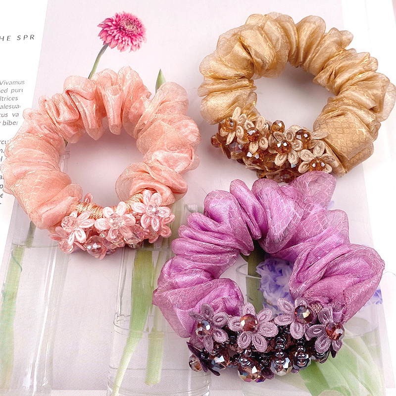 Korean version Organza hair circle exquisite head rope women's leather band tied horsetail crystal broken flower Hair Accessories