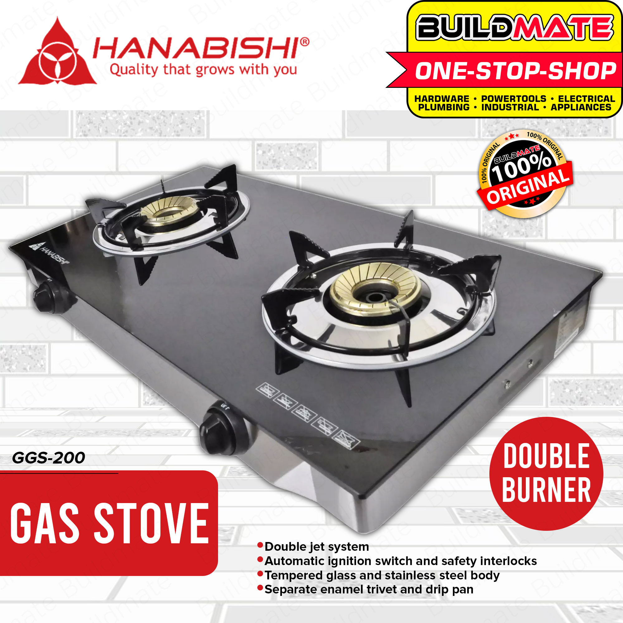 Hanabishi Gas Stove Double Burner Tempered Glass And Stainless Steel