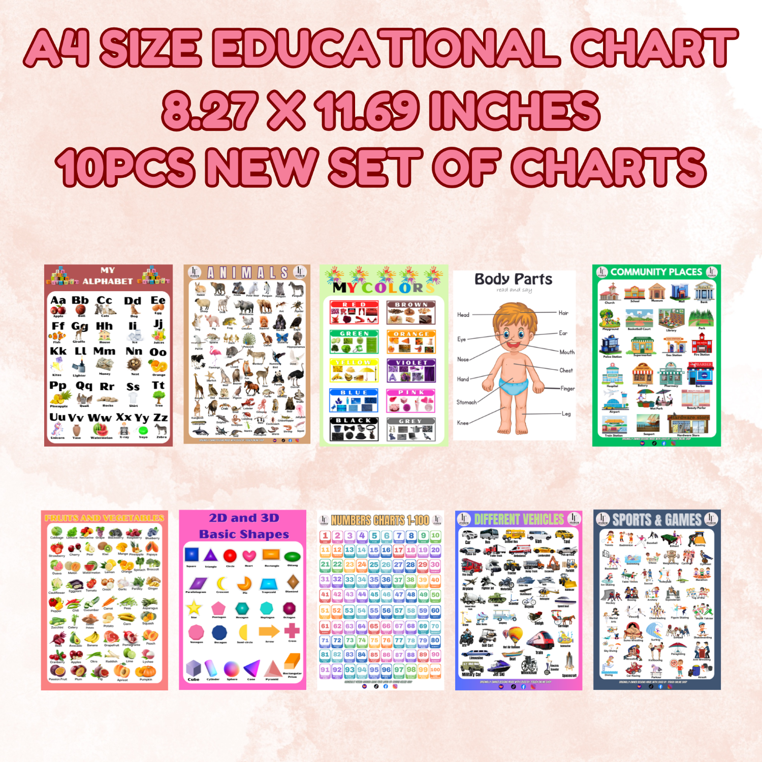 1TOUCH 10PCS/SET A4 LAMINATED EDUCATIONAL WALL CHARTS FOR KIDS AND ...