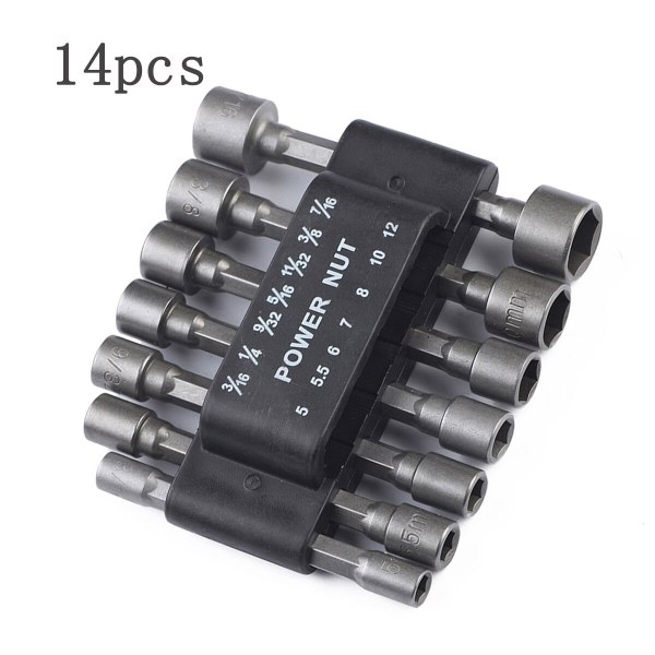 14pcs 5-12mm Imperial Socket Nut Impact Driver Adapter Drill Bits Set 1/4 Inch Hex Shank Tool Set Nut Driver Socket Bit Set Tool