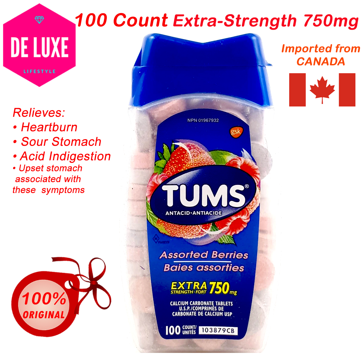 Original Tums Antacid Extra Strength.Fort 750mg 100 count Expiry