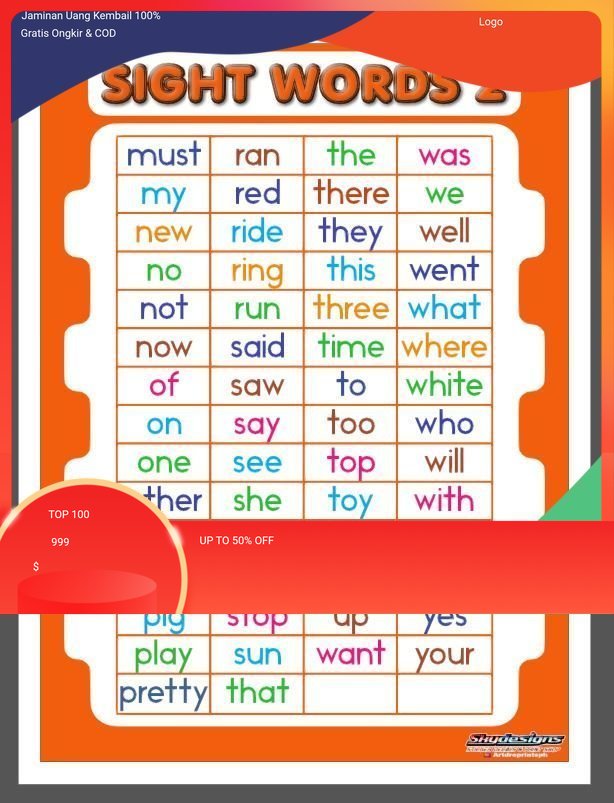 EDUCATIONAL POSTER TARPAULIN SIGHT WORDS 2 45X60CM | Lazada PH