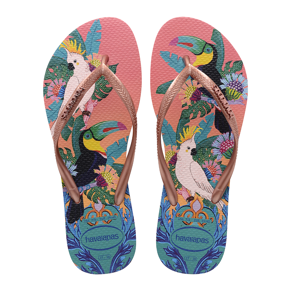 Havaianas Women`s Flip Flops Slim Tropical Floral Sandals Salmon Nude NWT 