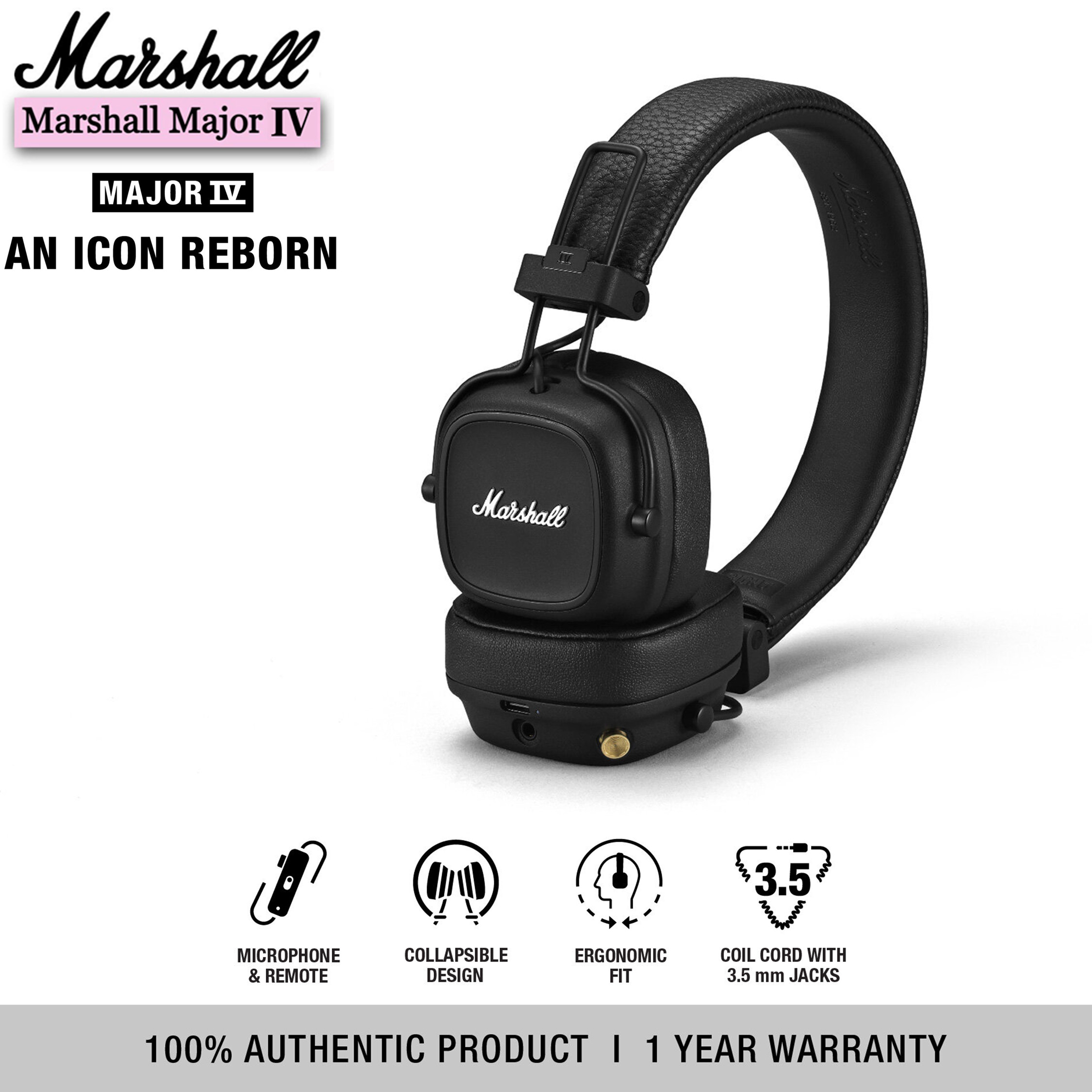 Copy Brand】Marshall Major IV Bluetooth Headphones Black - 1