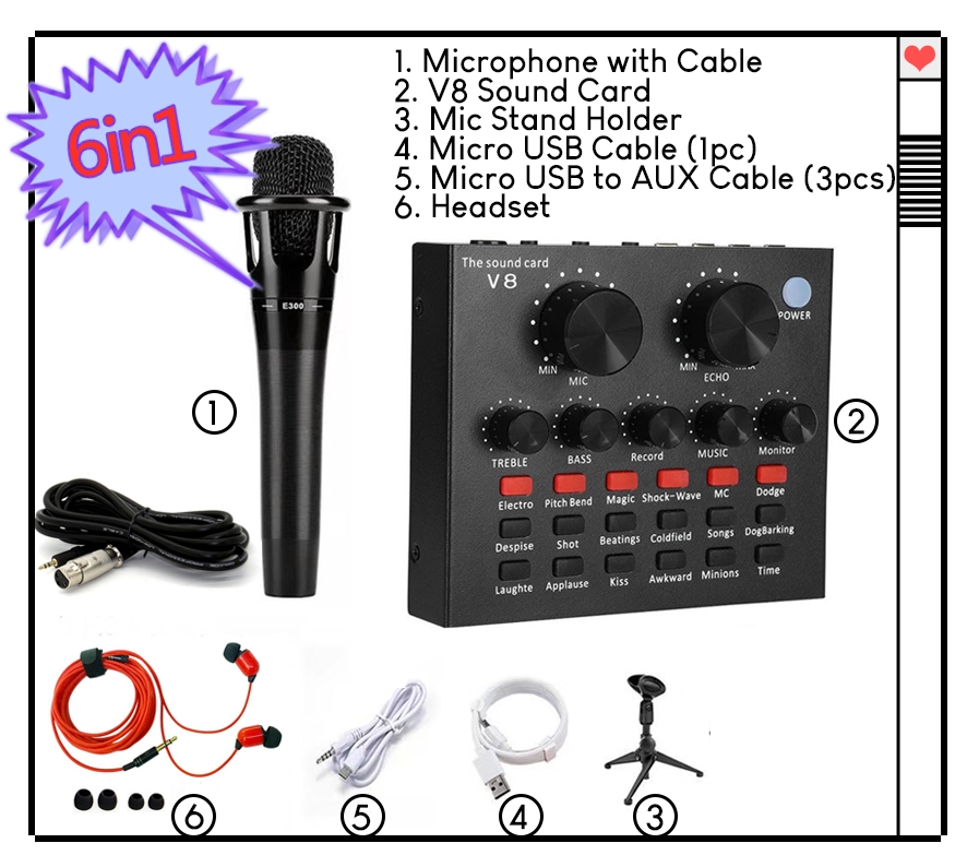 20216in1 V8 Sound Card Studio Series Microphone Condenser Microphone
