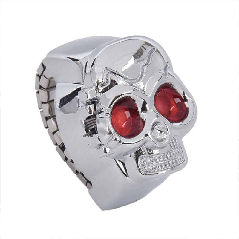Red Eyes Skull Design Stretchy Band Quartz Ring Watch for Lady Men