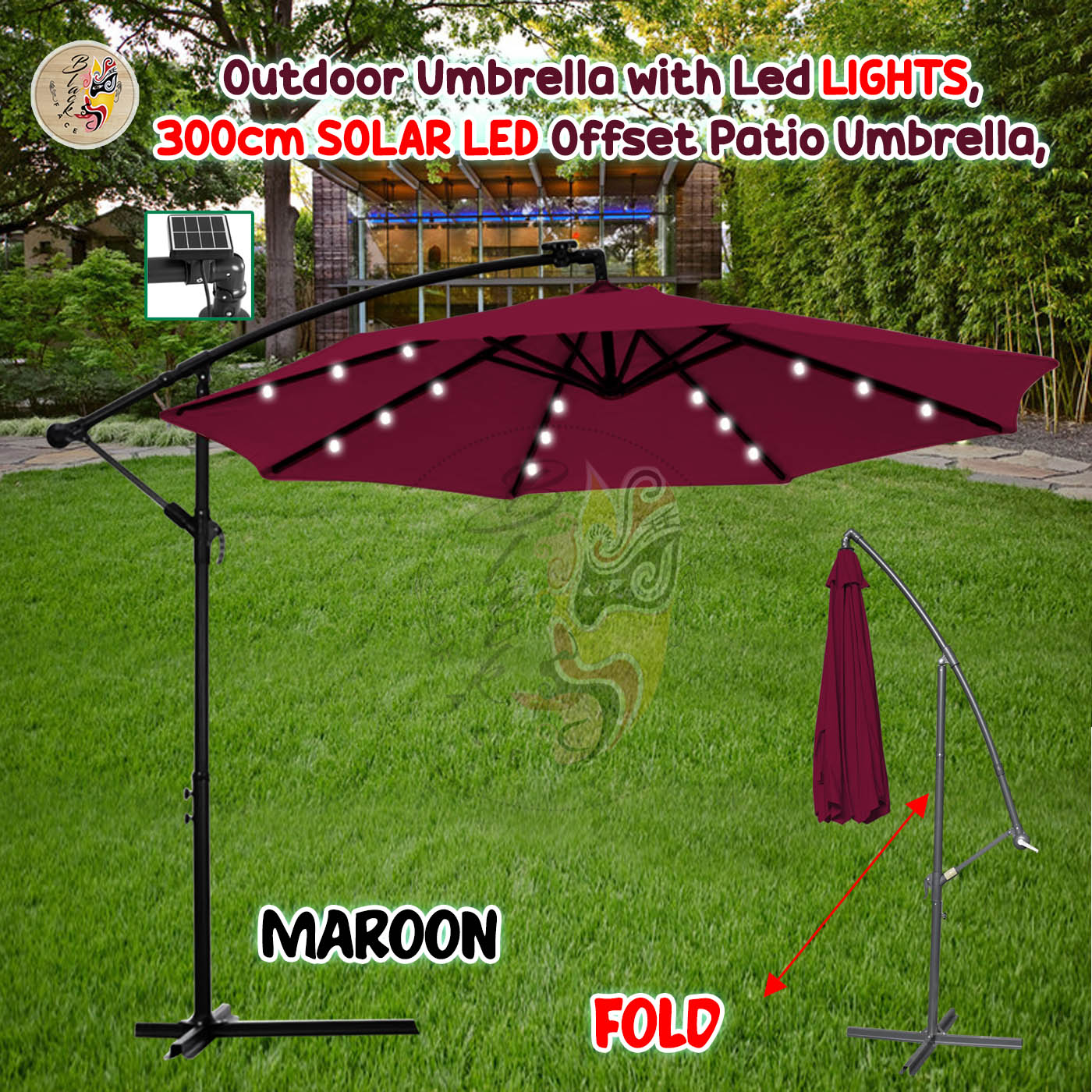Blackface Outdoor Umbrella with Led Lights, 300cm Solar LED Offset