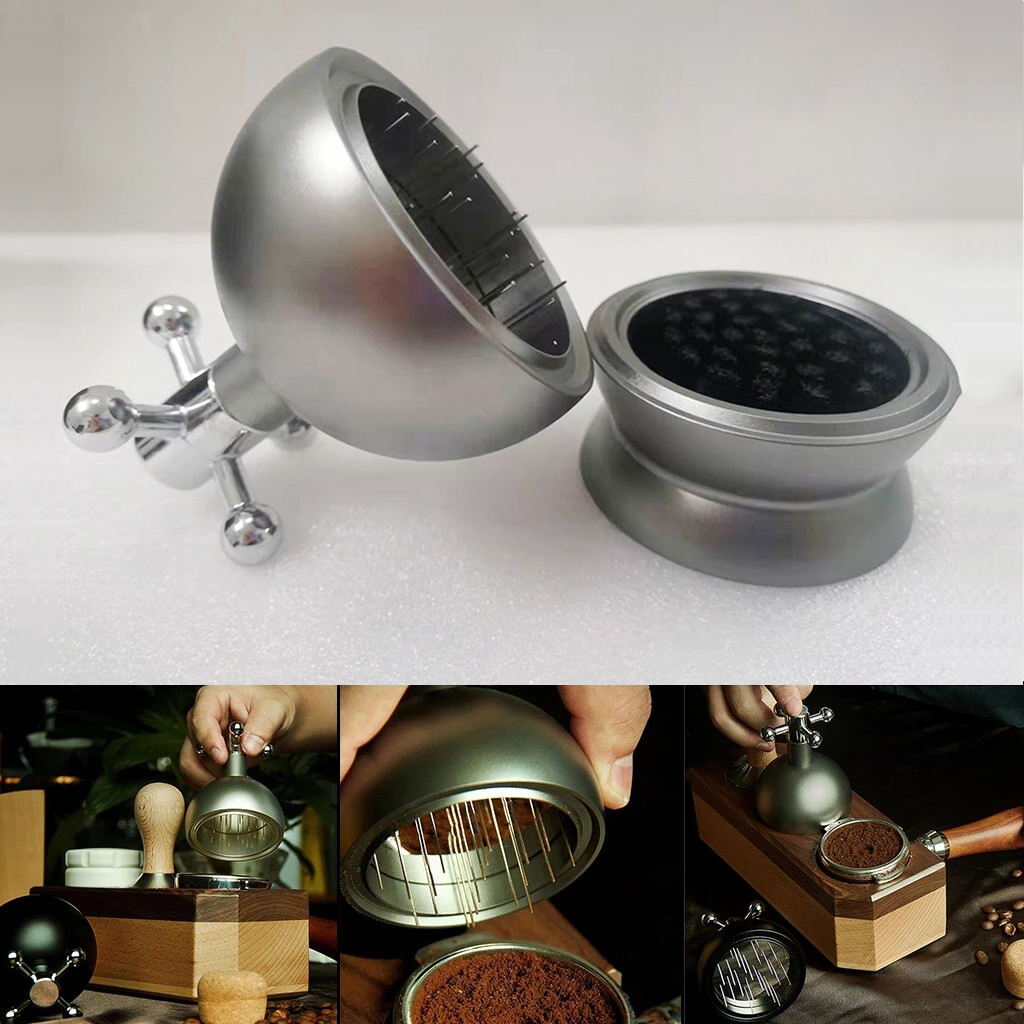 58mm Stainless Steel Adjustable Needle Coffee Tamper Distributor with Base Espresso Machine Portafilter Leveler Tool Needle Type