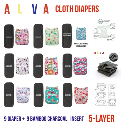 Alva Printed Washable Cloth Diapers 9 pcs with Charcoal insert WILL SHIP RANDOM DESIGNS