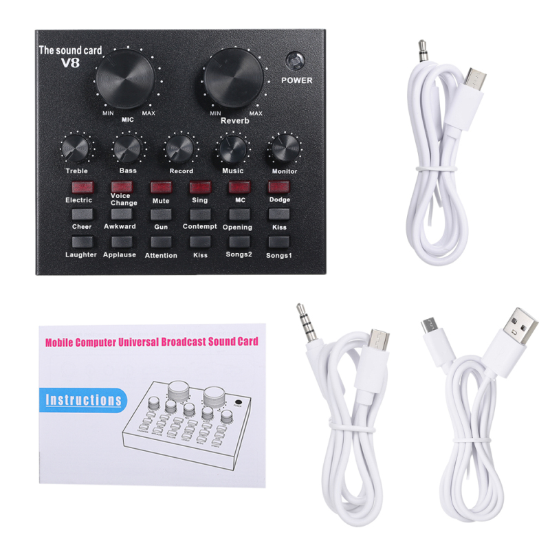 V8 Multifunctional Live Sound Card Intelligent Volume Adjustable Audio Mixer Sound Card for Computer PC Live Sound with Microphone